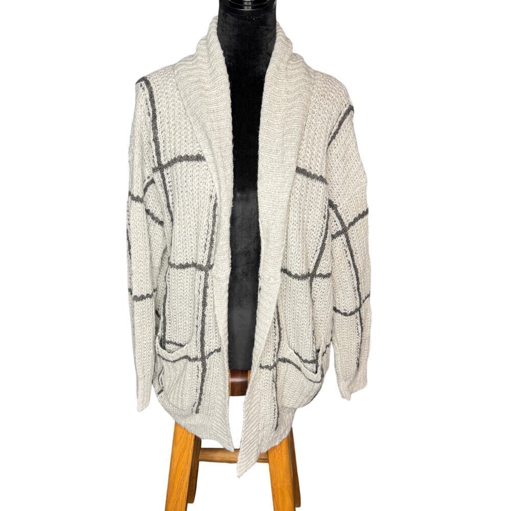 Leith Women's XS/S Gray Windowpane Open Cardigan Pockets Chunky Knit Sweater